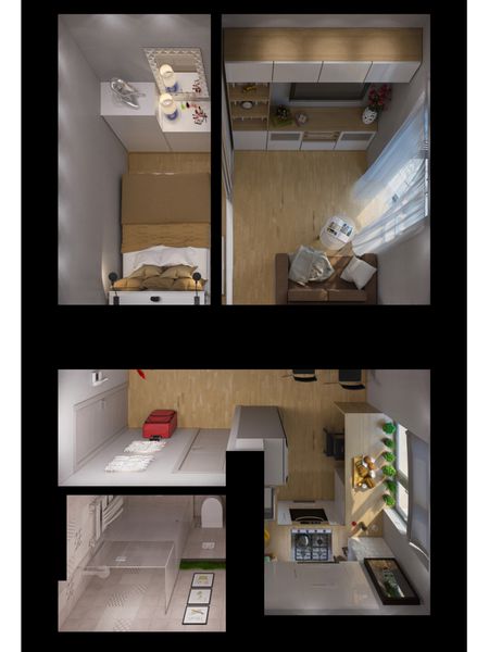 رندر سه بعدی اتاق نشیمن آشپزخانه هال اتاق خواب طراحی داخلی حمام در نمای بالا