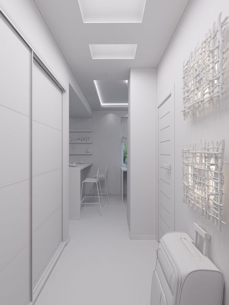 طراحی داخلی سالن رندر سه بعدی در یک آپارتمان استودیویی مدرن