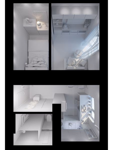 رندر سه بعدی اتاق نشیمن آشپزخانه هال اتاق خواب حمام داخلی