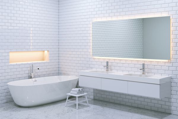 فضای داخلی حمام لوکس سفید با دیوارهای آجری رندر سه بعدی