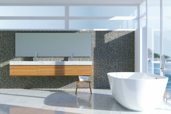 فضای داخلی حمام به سبک مینیمالیستی با پنجره پانوراما رنگ سه بعدی