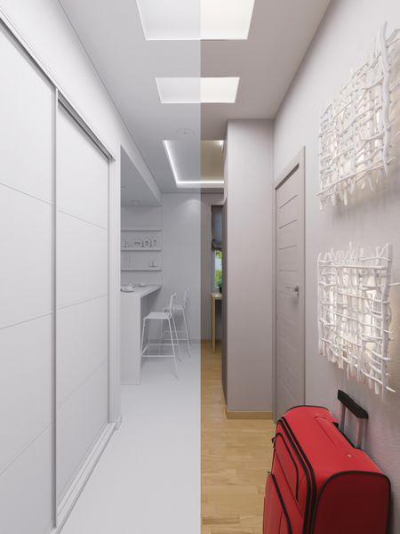طراحی داخلی سالن رندر سه بعدی در یک استودیو آپارتمان مدرن i