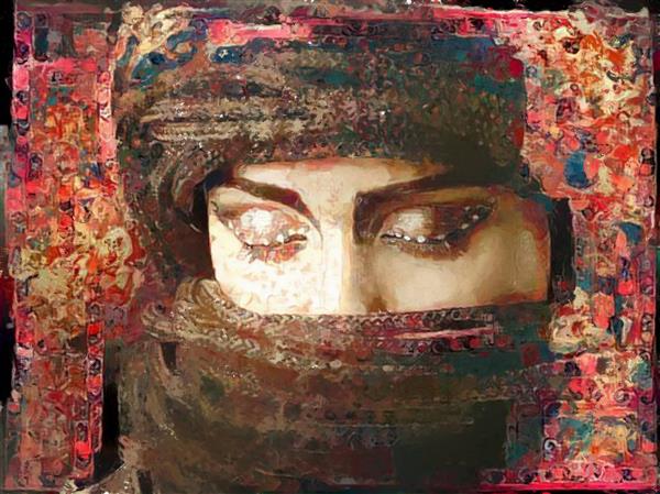 نقاشی چهره دختر ایرانی زیبا با استفاده از قالی قدیمی