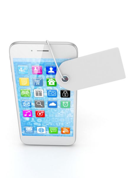 تلفن هوشمند سفید با برچسب قیمت سفید در پس زمینه سفید شناسه قیمت برچسب رندر سه بعدی