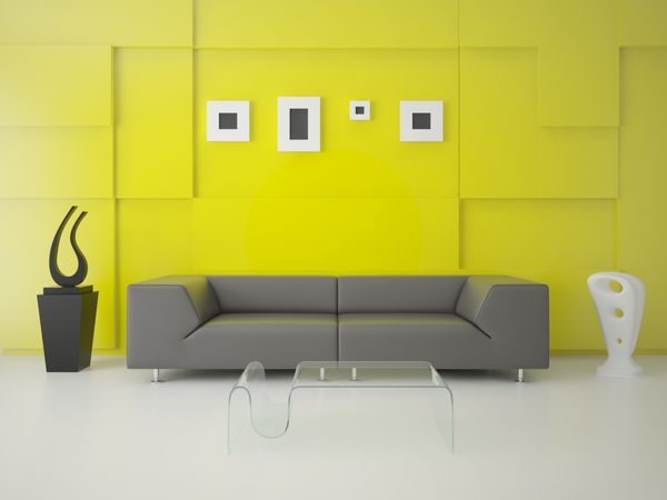 اتاق نشیمن با تکنولوژی پیشرفته در زمینه زرد با مبل مدرن