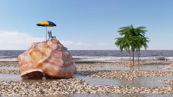 پس زمینه مفهوم تعطیلات آرامش بخش با تصویر سه بعدی صدف چتر و لوازم جانبی ساحل
