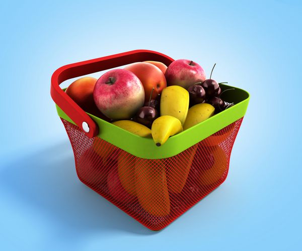 سبد خرید پر از میوه های تازه تصویر سه بعدی جدا شده در