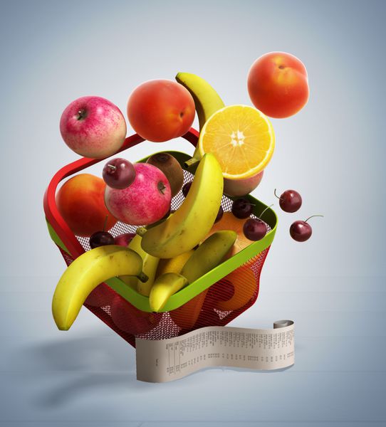 سبد خرید پر از میوه های تازه با چک رندر سه بعدی در gr