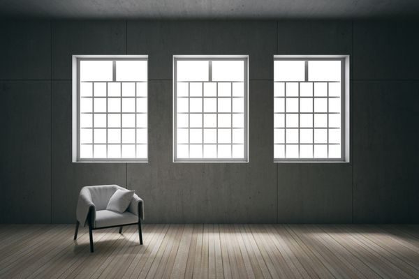 رندر سه بعدی تصویر صندلی یا مبل تنهایی در رنگ های ملایم روشن صندلی یا مبل پارچه ای راحت در اتاق نشیمن اتاق نشیمن شیروانی کلاسیک شیک طراحی داخلی خانه
