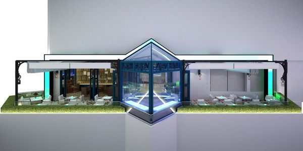 صحنه جدید رندر سه بعدی طراحی داخلی سالن و بار در بالای پشت بام