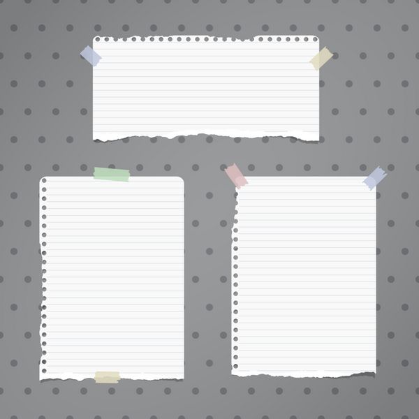 دفترچه یادداشت با خط سفید پاره شده کاغذ دفتر کپی چسبانده شده با نوار چسب روی طرح نقطه‌دار خاکستری