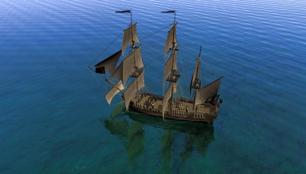 کشتی بادبان دزدان دریایی در آب کم عمق و شفاف رندر سه بعدی