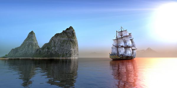 کشتی دزدان دریایی در نزدیکی جزیره تشکیل سنگ در یک روز صبح زیبا رندر سه بعدی