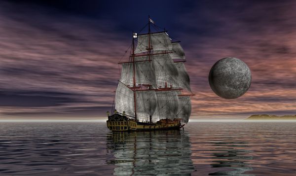 کشتی قایقرانی قدیمی در زیر ماه با تصویر سه بعدی پرچم بریتانیا