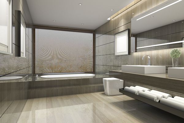 رندر سه بعدی حمام کلاسیک مدرن با تزئینات کاشی لوکس با نمای زیبای طبیعت از پنجره
