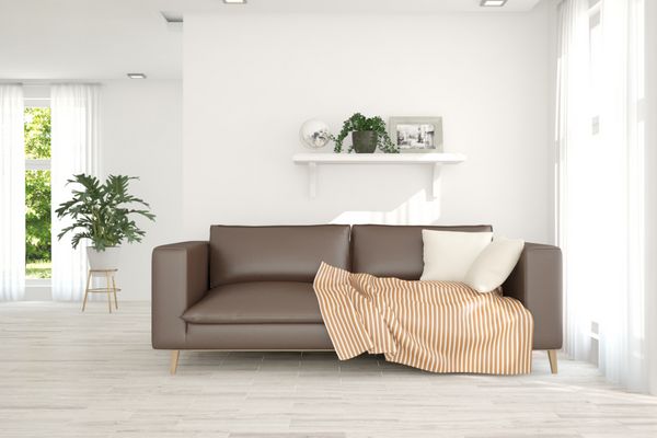 اتاق مدرن سفید با مبل طراحی داخلی اسکاندیناوی تصویرسازی سه بعدی