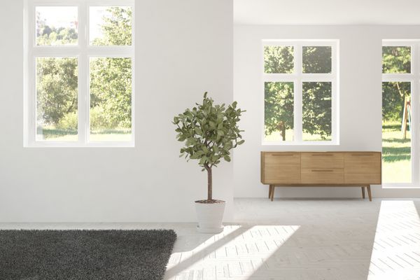اتاق خالی سفید با چشم انداز سبز در پنجره طراحی داخلی اسکاندیناوی تصویرسازی سه بعدی