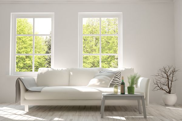 اتاق سفید با مبل و منظره سبز در پنجره طراحی داخلی اسکاندیناوی تصویرسازی سه بعدی