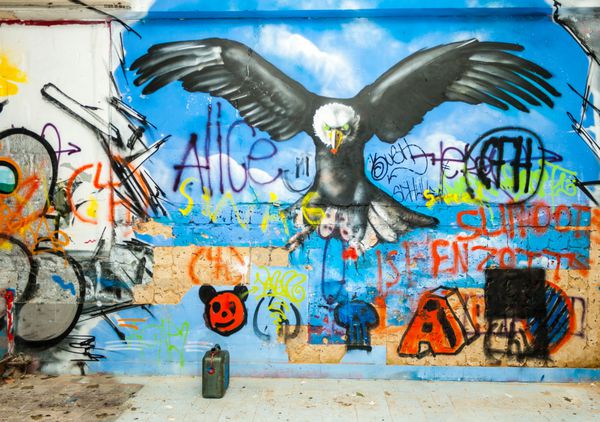 گرافیتی عقاب در یک ساختمان متروکه کارخانه