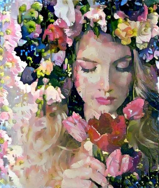دختر زیبا با تاج گل بر سر و چشمان بسته نقاشی دیجیتال