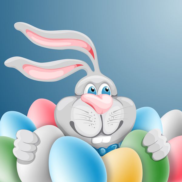 اسم حیوان دست اموز کارتونی که تخم مرغ های رنگارنگ عید پاک را در دست دارد فضایی برای متن شما وکتور