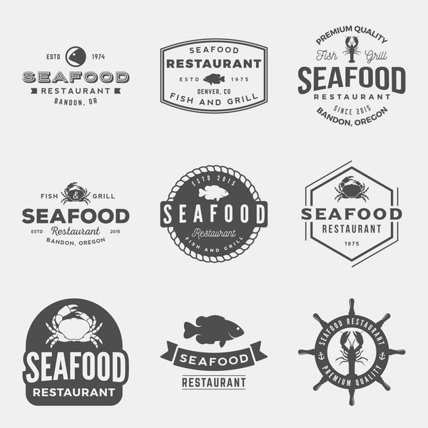 مجموعه وکتور آرم رستوران غذاهای دریایی پرنعمت نمادها شبح ها