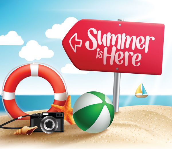 مقصد تابستانی برای تعطیلات ساحلی تابستانی در ساحل دریا با پیکان علامت جاده و اقلام تابستانی در شن و ماسه وکتور