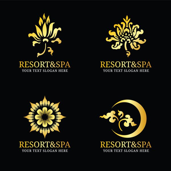 مجموعه وکتور آرم هنر تایلندی گل طلایی برای هتل استراحتگاه اسپا یا کسب و کار جواهرات