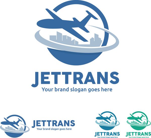 هواپیمای جت با نماد گلوب و خط آسمان شهر برای آژانس مسافرتی شرکت تور آژانس بلیط هواپیما تجارت حمل و نقل هوایی