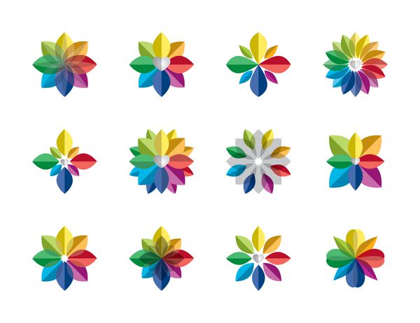 آرم گل رنگین کمان انتزاعی نماد فلور هندسی مجموعه ای از نشانه های رنگارنگ گل مجموعه ستاره گرادیان جدا شده روی سفید