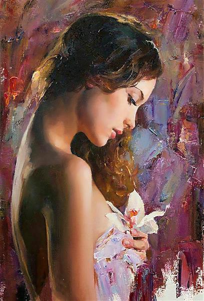 نقاشی رنگ روغن دختر زیبا با موهای خرمایی و گل سفید در دست