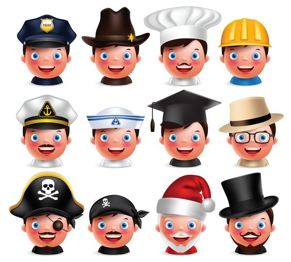 مجموعه آواتار حرفه ای از سر شکلک های شاد با کلاه های مختلف پلیس دریانورد شعبده باز بابا نوئل و دزد دریایی جدا شده در پس زمینه سفید کاراکترهای برداری