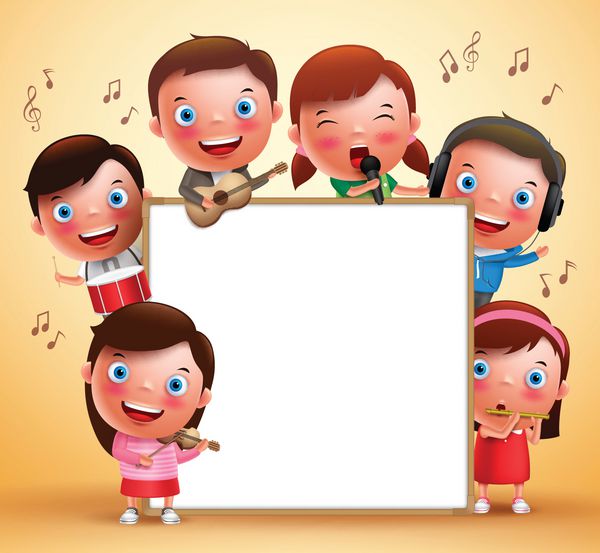شخصیت‌های وکتور کودکان در حال نواختن آلات موسیقی و آواز خواندن با تخته سفید خالی برای متن وکتور