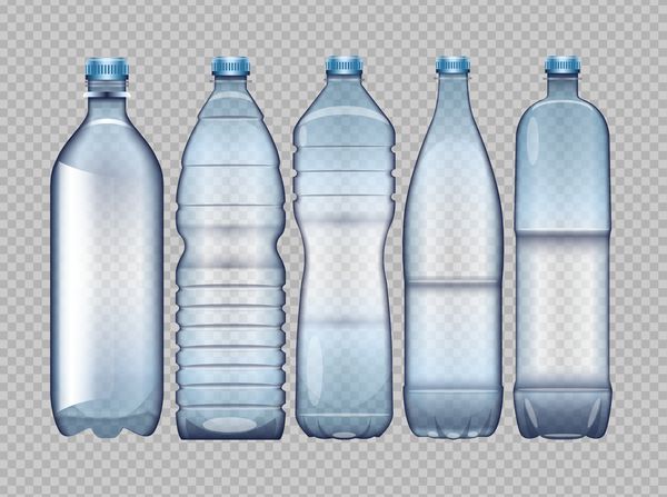مجموعه وکتور بطری پلاستیکی شفاف آبی برای آبمیوه و ماکت آب آماده برای طراحی شما