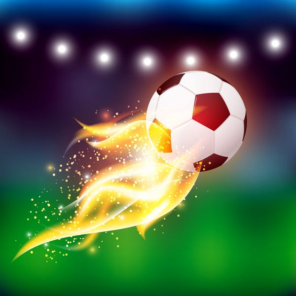 وکتور توپ فوتبال با شعله های آتش در پس زمینه انتزاعی تار استادیوم