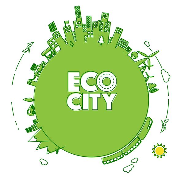 شهر سبز با محیط زیست با ماشین های الکتریکی و نیروگاه های انرژی سبز به سبک نماد خط تصویر مفهومی اکولوژی