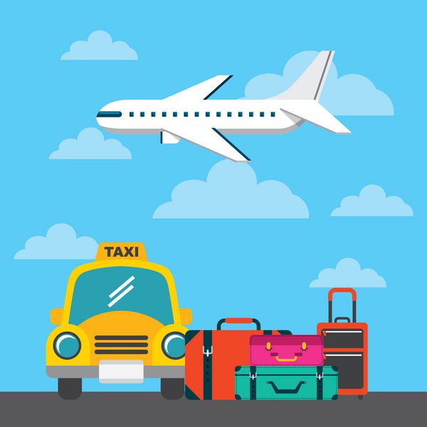 تاکسی و هواپیما با چمدان در پس زمینه آسمان طراحی رنگارنگ مفهوم سفر و گردشگری وکتور