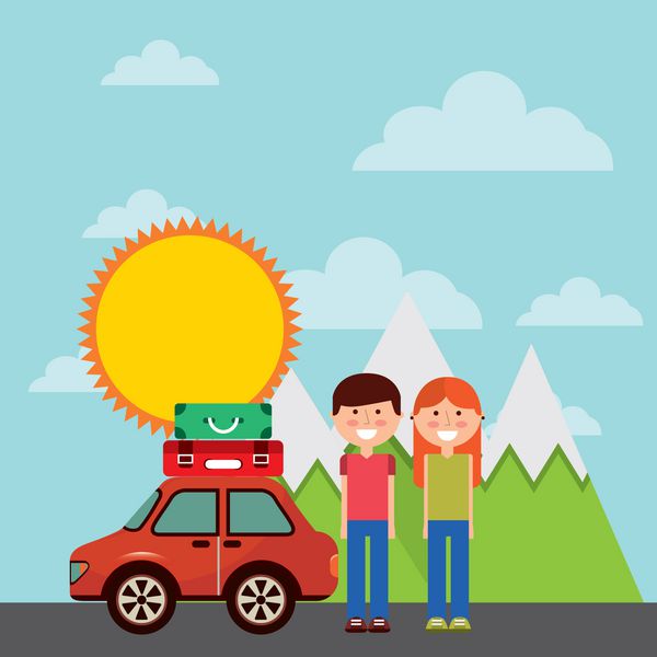 زوج شاد و ماشین قرمز با چمدان بر فراز چشم انداز کوه طراحی رنگارنگ مفهوم سفر و گردشگری وکتور