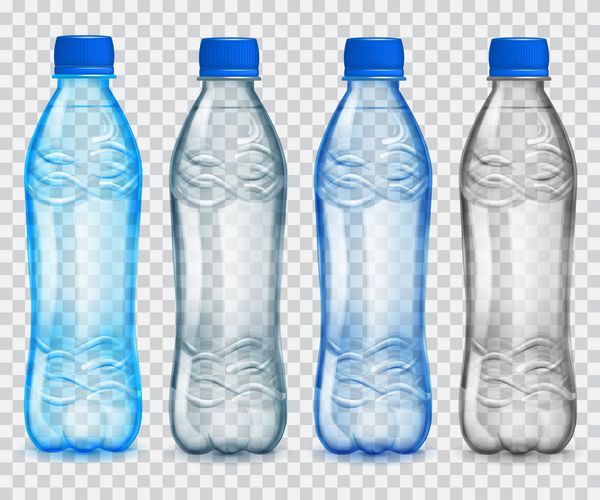 مجموعه بطری های پلاستیکی شفاف با آب معدنی شفافیت فقط در فایل وکتور