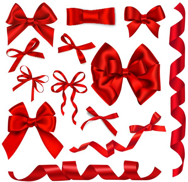 مجموعه وکتور پاپیون و روبان تزئینی قرمز برای تزئینات تعطیلات جدا شده روی سفید