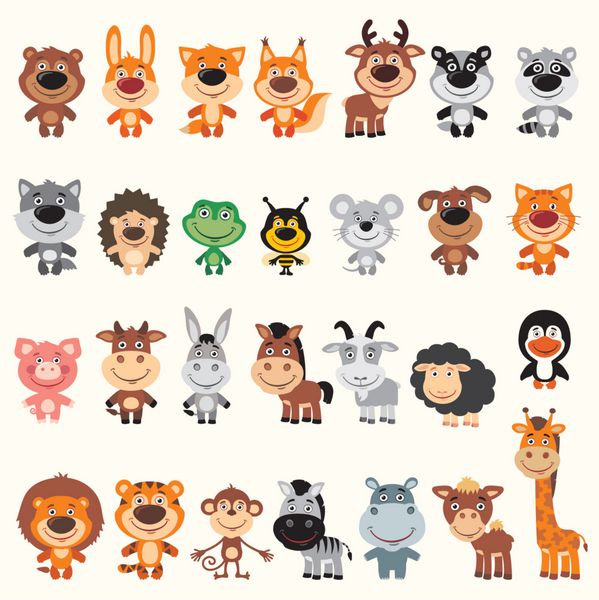مجموعه بزرگ حیوانات مختلف خنده دار مجموعه وکتور حیوانات ایزوله شده به سبک کارتونی