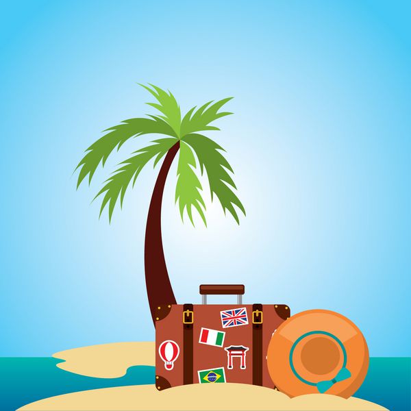نماد نخل ساحلی کیف و کلاه طراحی رنگارنگ طراحی رنگارنگ مفهوم سفر و گردشگری وکتور