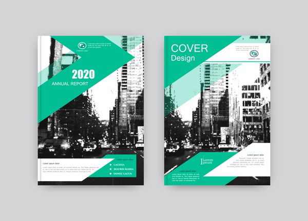 طراحی خلاقانه جلد کتاب ترکیب انتزاعی با تصویر خیابان شهر سیاه و سفید مجموعه ای از برگه عنوان بروشور A4 اشکال هندسی رنگی سبز و سفید وکتور جالب