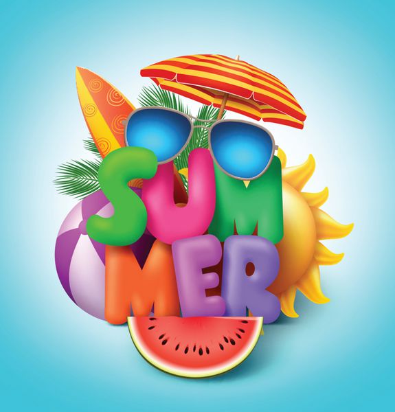 طرح بنر وکتور تابستانی با متن رنگارنگ با عناصری مانند توپ ساحلی و چتر برای فصل تابستان در پس زمینه آبی وکتور