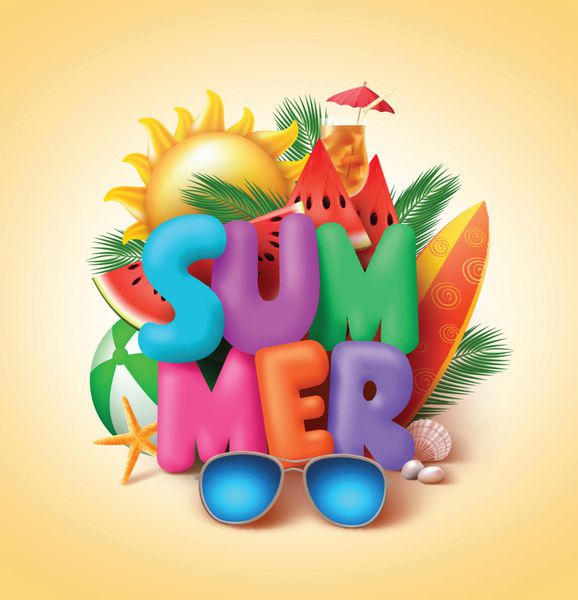طرح بنر وکتور تابستانی با متن سه بعدی رنگارنگ تابستانی و عناصر ساحلی مانند هندوانه و عینک آفتابی در پس زمینه زرد وکتور