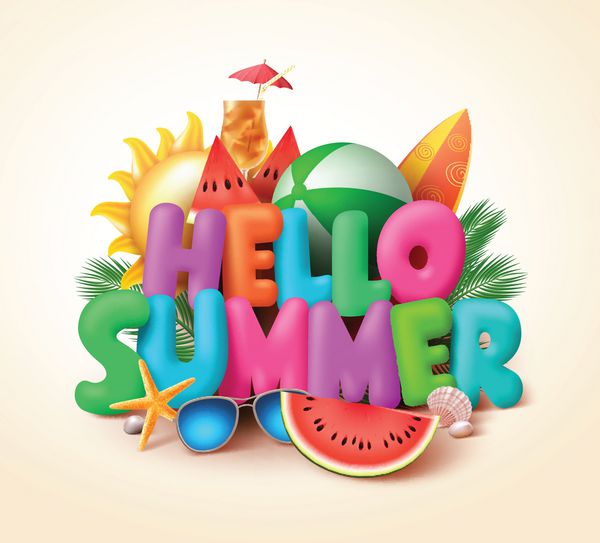 طرح بنر متن سلام تابستان با عناصر رنگارنگ تابستانی مانند هندوانه و توپ های ساحلی در زمینه زرد وکتور