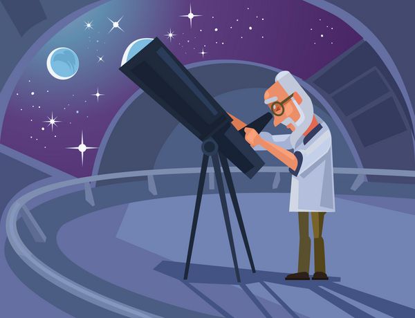 شخصیت دانشمند ستاره شناس که از طریق تلسکوپ نگاه می کند وکتور تصویر کارتونی تخت