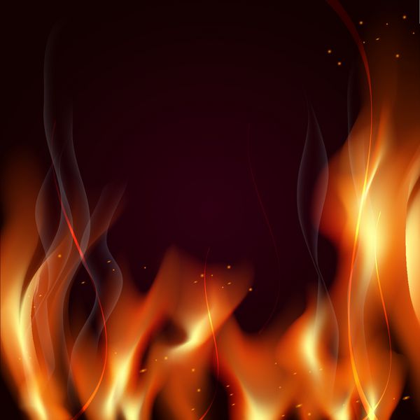 وکتور واقع گرایانه شعله های آتش دود جرقه در پس زمینه قرمز