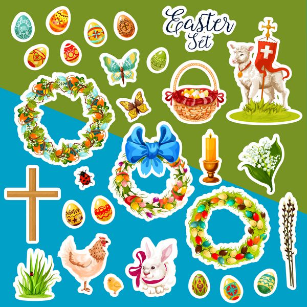 ست استیکر عید پاک با نمادهای تعطیلات بهاری