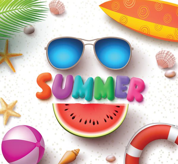 متن وکتور تابستانی در پس زمینه ماسه سفید با عینک آفتابی رنگارنگ و مفهوم هندوانه برای تعطیلات ساحلی شاد وکتور